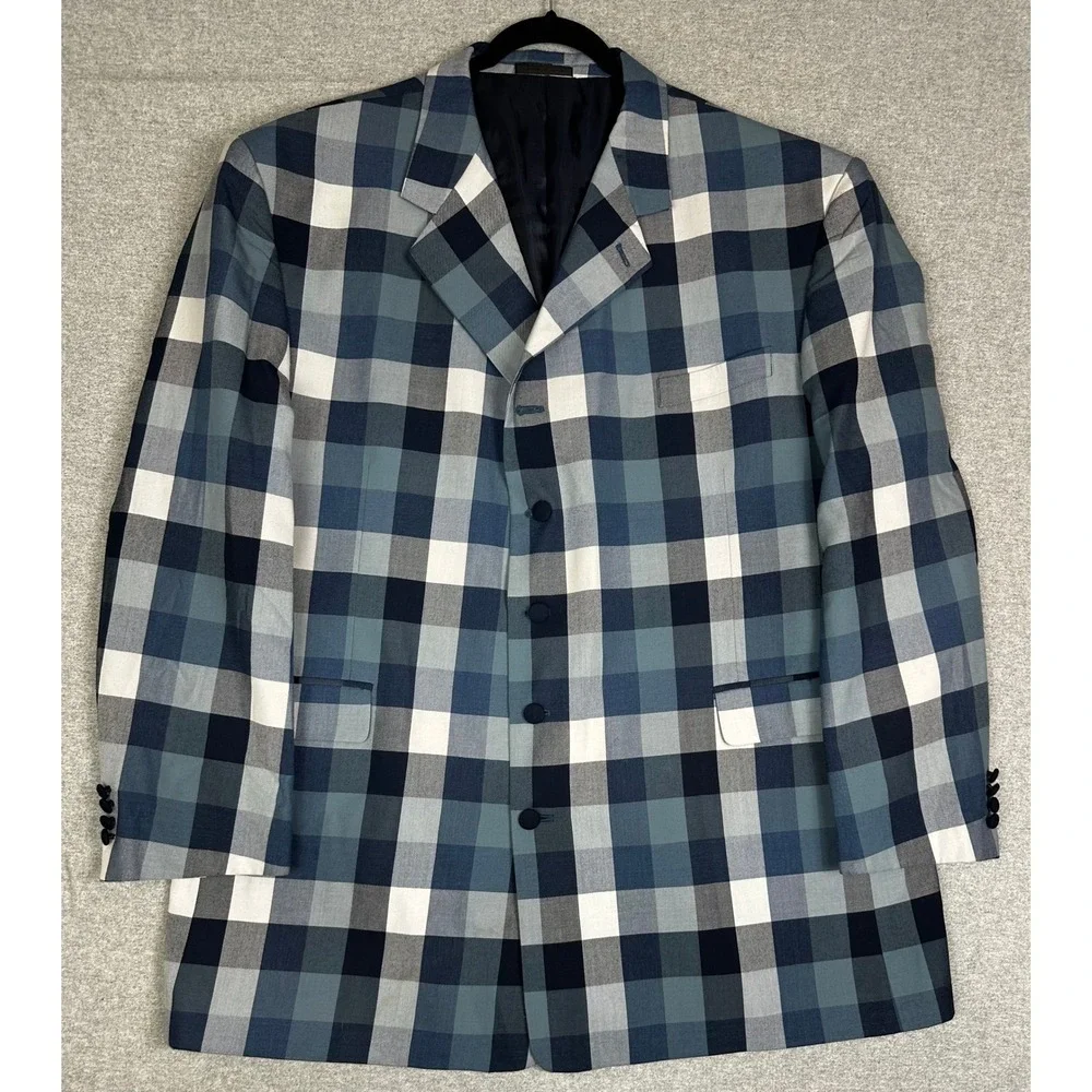 Falcone Blazer 52R Blue Navy White Buffalo Plaid Jacket‎ 4 Button Lined